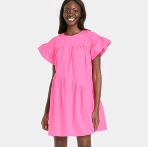 Pink Short Sleeve Ruffle Dress - L